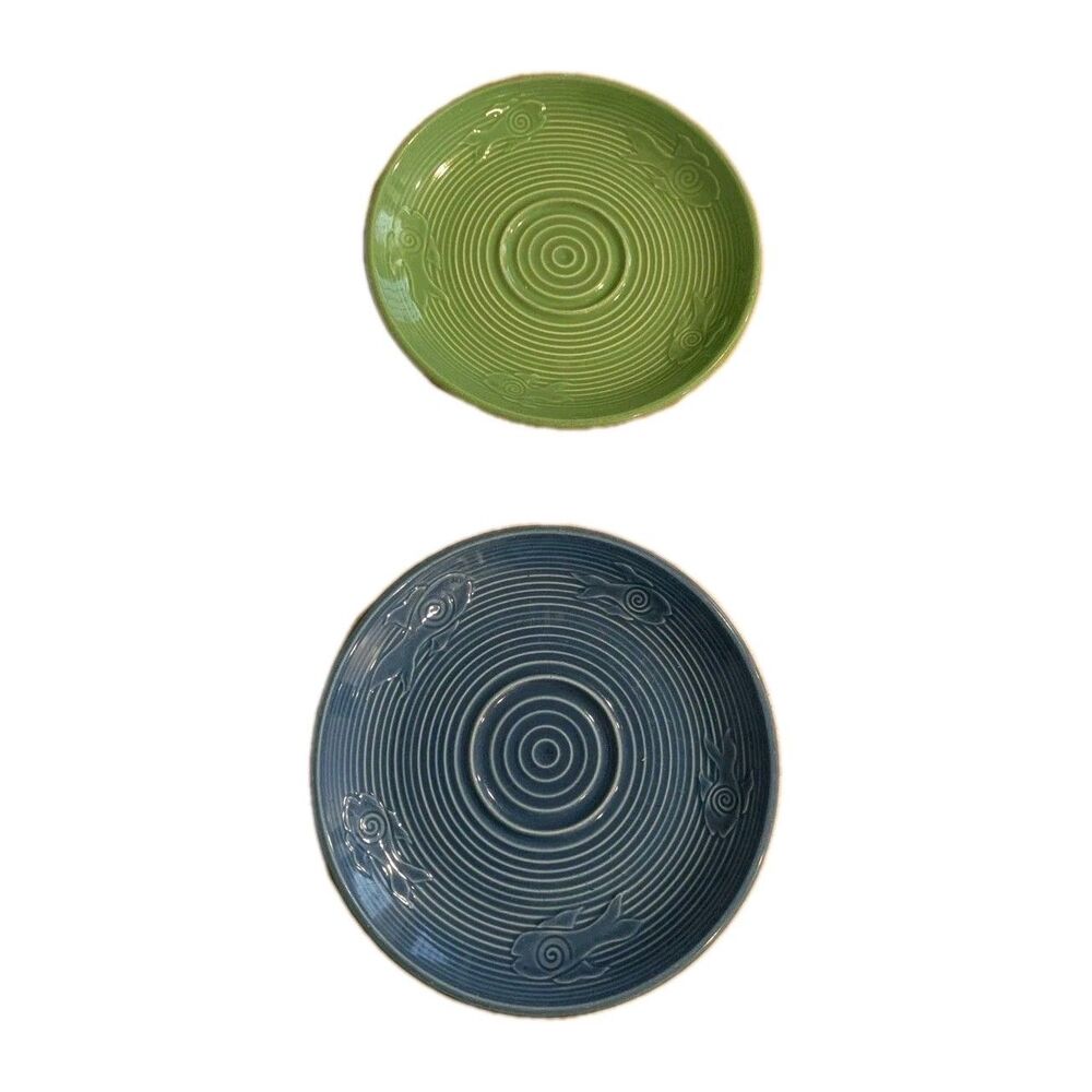 Set Of 2 Buffalo China Colorful Fish Saucers HTF See Pics Green & Blue Vintage